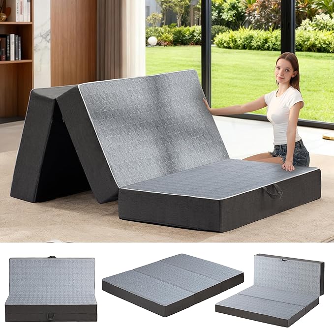 Tri Folding Mattress Twin Size - 6 Inch Dual-Layer Memory Foam Foldable Mattress Portable Futon Sofa Bed with Removable Washable Cover, Handle & Non-Slip Bottom for Guest, Camping, RV, Yoga, Home Use