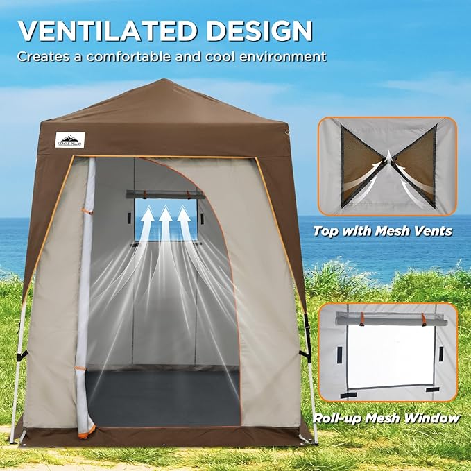 EAGLE PEAK 5x5 Pop Up Privacy Tent with Ground Mat, Portable Changing Room & Outdoor Shower Tent, Portable Canopy for Camping, Pool, Photoshoots or Toilet Shelters 6x6 Base 5x5 Top (Beige/Brown)
