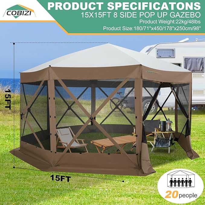 COBIZI 15x15 FT Pop Up Gazebo - Canopy Tent, Large Gazebos On Clearance with Sidewalls, Screened in Gazebo,carpas para Patio,Portable Screen Tents for 12-15 Persons Outdoor Camping, Backyard,Brown