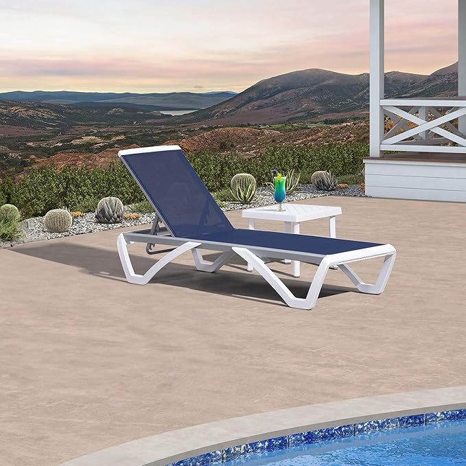 PURPLE LEAF Patio Chaise Lounge Chair Set Outside Aluminum Plastic Stackable Tanning Chairs with Side Table for Pool Sunbathing Beach Deck Outdoor Lounger, Dark Blue
