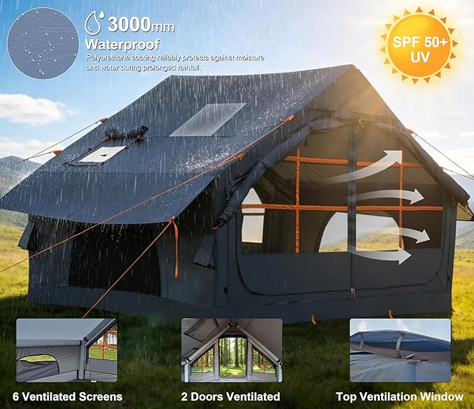 Inflatable Tents for Camping with Stove Jack, 2/4/6/8 Person Easy Setup Blow Up Tents for 4 Seasons Waterproof Inflatable Camping Tent with Awning, Air House Glamping Tents for Camping Adult