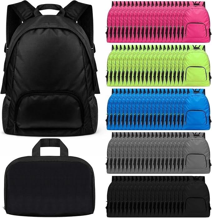 Dunzy 100 Pcs 20l Foldable Backpacks Bulk Lightweight Basic Back Pack Wholesale for Homeless Donation Corporate Events Travel Camping (Multicolor)
