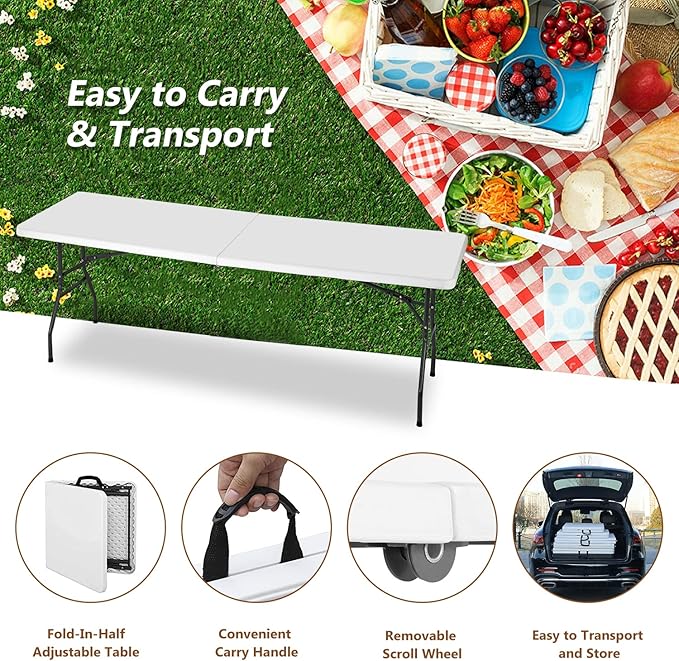 FDW Folding Half Portable Foldable Table for Parties Backyard Events (White, 6 FT 70 * 29) (White, 8 FT)