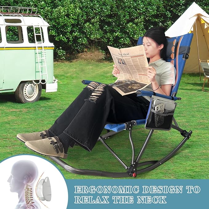 Oversized Folding Low Rocking Camping Chair with Footrest Removable Pillow Portable Outdoor Rocker Padded High Back Ergonomic Armrests for Patio Garden Lawn
