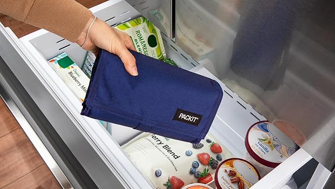 Packit® Freezable Lunch Bag, True Blue, Built with ECOFREEZE® Technology, Foldable, Reusable, Zip and Velcro Closure with Buckle Handle, Designed for Work Lunches and Fresh Lunch On the Go