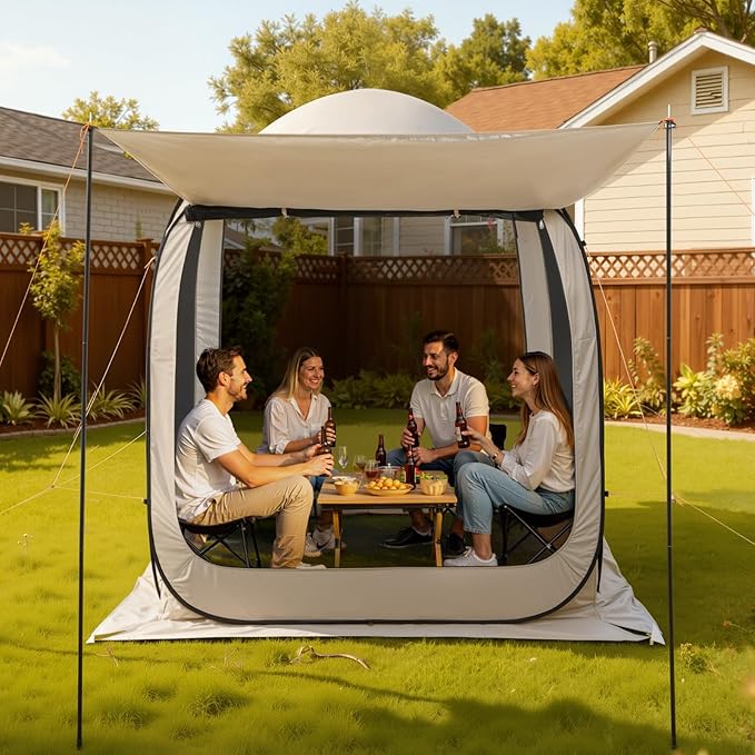 VEVOR Pop Up Screen House Tent, 6 x 6 ft, 4-6 Person Screen Gazebo with Extended Awning, Portable Screened in Canopy with Carry Bag, Netting Sides, for Patio, Backyard, and Outdoor Activities, Beige