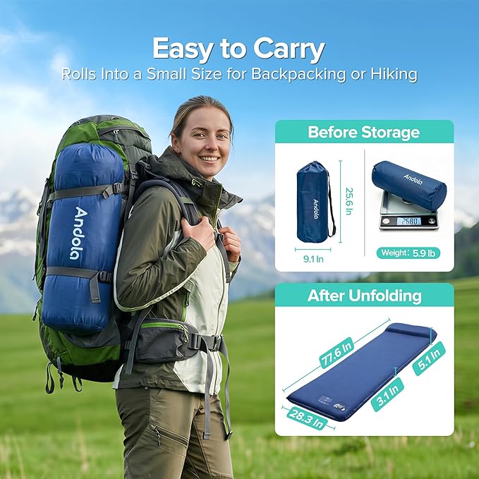 Memory Sleeping Pad, 3.1" Ultra-Thick Outdoor Foam Camping Sleeping Mat with Pillow, Easy Inflate & Deflate, 9.5 R-Value, Waterproof 4-Season Camping Mat for Backpacking Hiking Tent Car (Dark Blue)