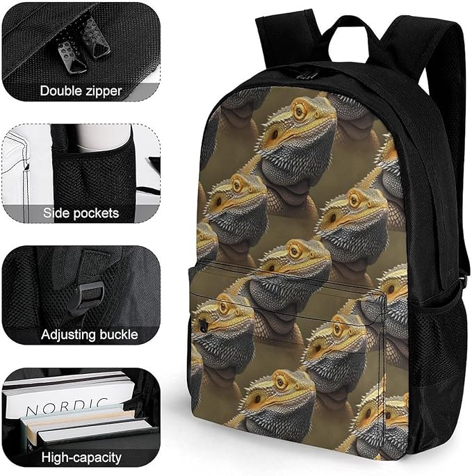 Men Women Lightweight Funny Bearded Dragon Lizards Art Daypack Bookbag Big Capacity Carry On Bag With Side Pockets for Camping Travel Bicycle