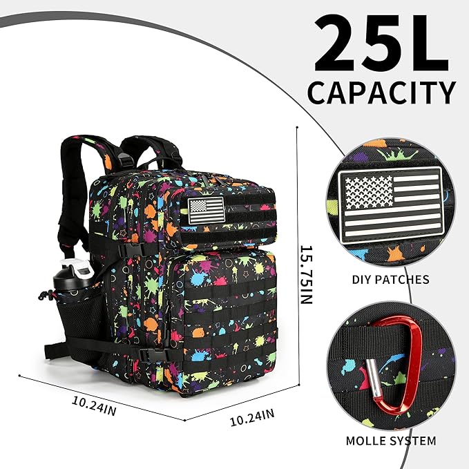 25L/45L Tactical Backpack Military Tactical Backpack Heavy Duty Molle Assault Pack for Work Gym Outdoors (1.0 25L-fluorescent tie dye, Small)