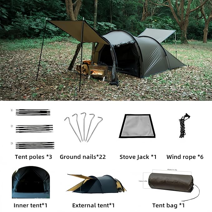 Hot Tent with Stove Jack – 4 Season Waterproof & Windproof Shelter for 1–4 People, Lightweight for Camping, Hiking, Hunting & Fishing
