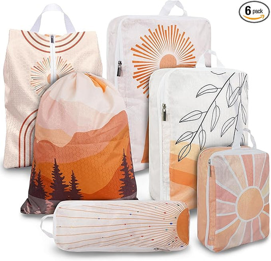 Compression Packing Cubes for Suitcases, 6 Set Bohemia Luggage Organizer, Lightweight Waterproof Expandable/Compression Bags Smell Proof Travel Packing Cubes for Suitcases