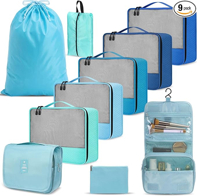 9 Pcs Packing Cubes Set for Travel with Waterproof Clothing Cubes Toiletry Shoe Laundry Jewelry Bag for Women Men(Light Blue)