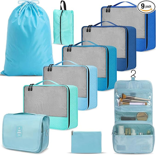 9 Pcs Packing Cubes Set for Travel with Waterproof Clothing Cubes Toiletry Shoe Laundry Jewelry Bag for Women Men(Light Blue)