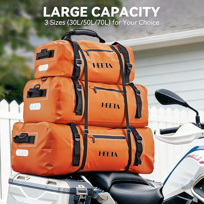HEETA Waterproof Motorcycle Dry Bag, Waterproof Duffel Luggage Travel Bags with Zippered Closure & Pocket, Shoulder Straps, Large Space for Motorcycling Camping Commuting Boating (Orange, 70L)