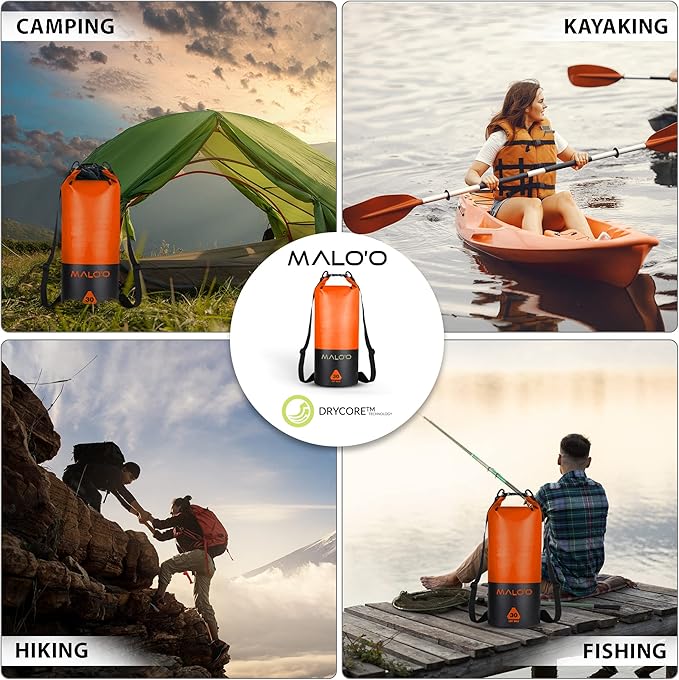 Malo’o DryPack 30L Waterproof Kayak Dry Bag, Heavy Duty Roll-Top Dry Bag with MOLLE Grid and Carry Straps for Fishing, Paddle Boarding, Boating, Camping, and Travel, Orange