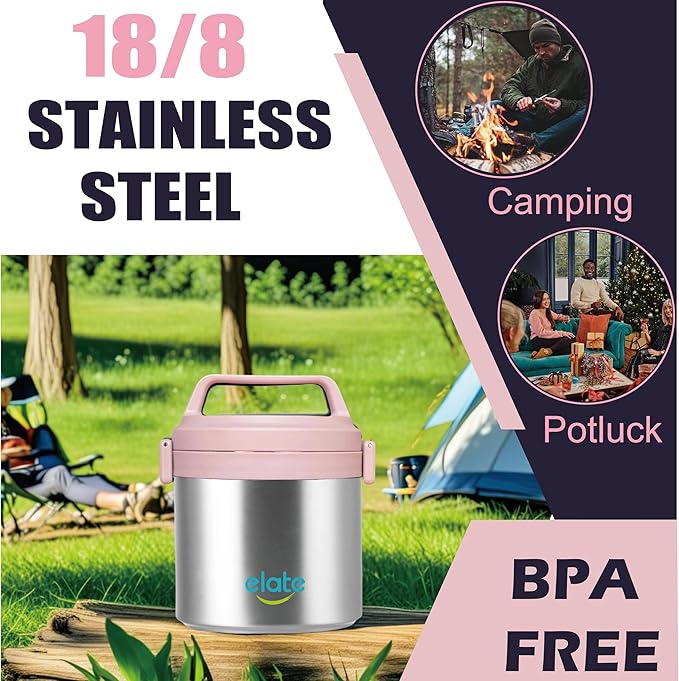 Elate 2-Quart Thermos Food Jar for Hot Food | 64oz Stainless Steel Vacuum-Insulated Camp Crock, Wide-Mouth Thermal Food Container, Portable Lunch Pot for Outdoor, Camping, Picnics, Trips, Potlucks