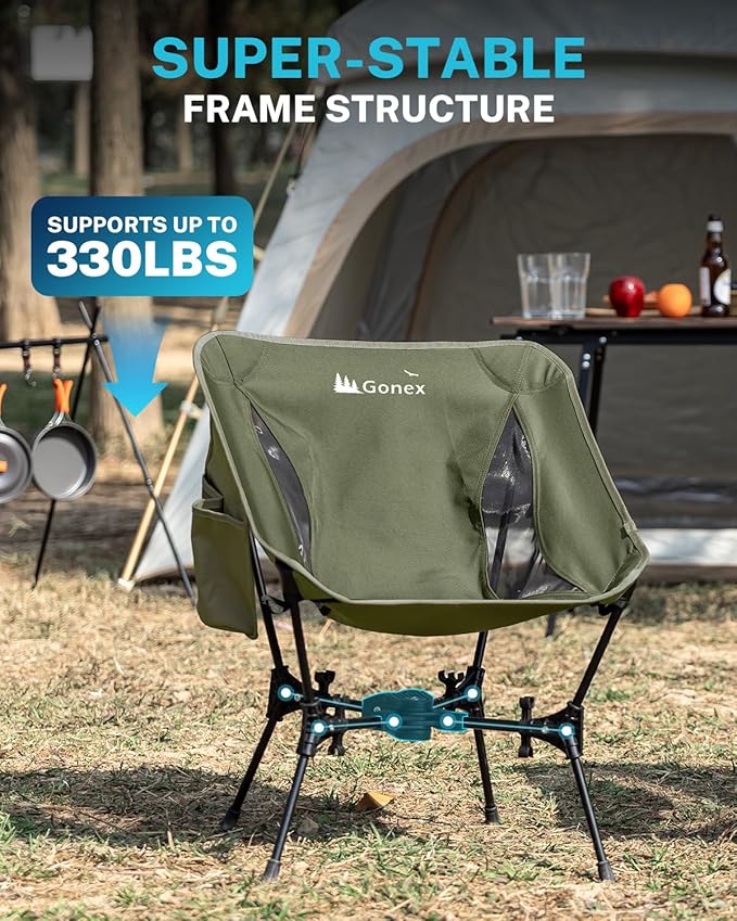Gonex Portable Camping Chair, The 5th Gen Ultralight Compact Backpacking Foldable Lightweight Folding Chair for Outdoor Camp Hiking Beach Picnic Concert, Supports 330lbs (Army Green)