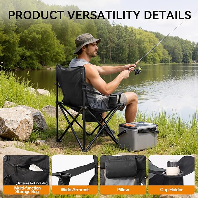 Heated Camping Chairs, Foldable Camping Chairs with 2 Cup Holders for Outdoor Sports,Folding Chair with 3 Heating Level for Back and Seat, Supports 300Lbs, Battery Not Include, Black & Grey