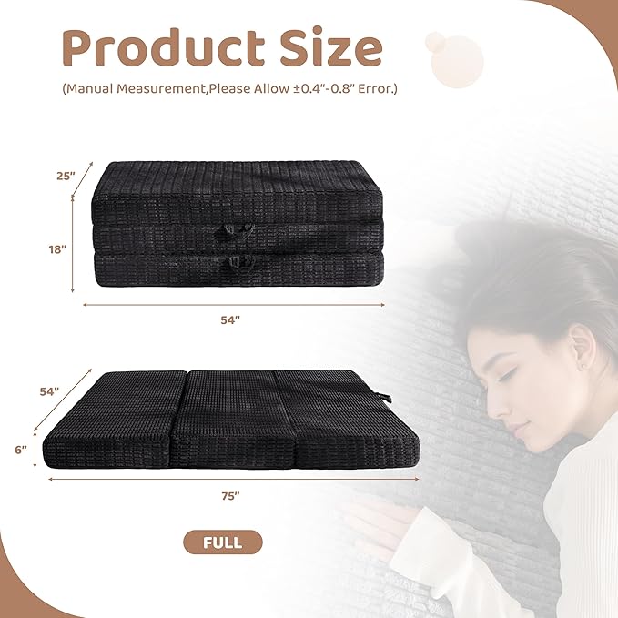 BYBYME Memory Foam Tri-Folding Mattress, 6 Inch Gel Folding Mattress Topper, Foldable Soft Guest Bed Camping Pad, with Washable Cover