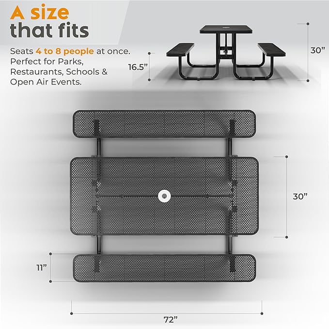 Metal Picnic Furniture for Outdoors with Umbrella Hole - Coated Steel Heavy Duty Commercial Grade Table with Adjustable Seats, Patio Set for a Lifetime (Black, 6' Rectangular, Punched Steel)
