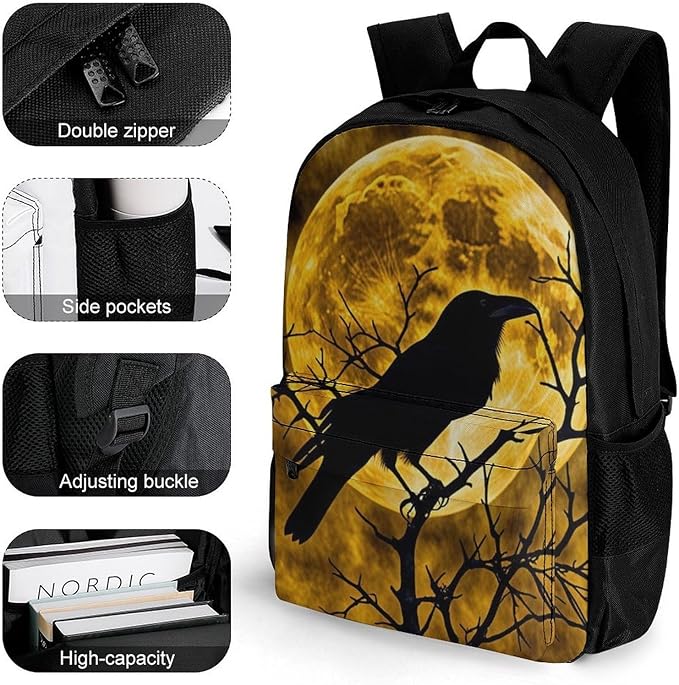 Men Women Polyester Halloween Raven Moonlight Moon Night Daypack Backpack Large Capacity Carry On Bag With Smooth Zippers for Hiking Picnic Walking Cycling