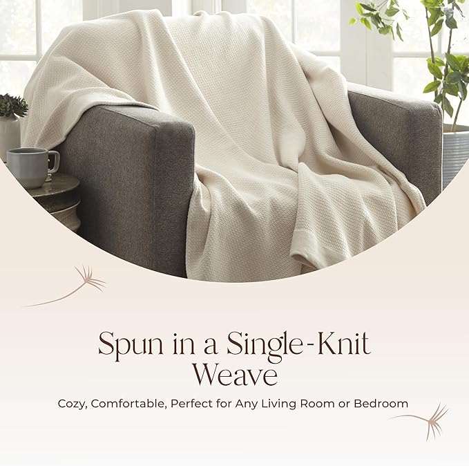 100% Organic Cotton Blanket - GOTS & Fairtrade Certified Organic Cotton Throw Blanket for Bed with Soft Warm & Breathable Single Knit Weave - Great as Bedspread or Coverlet (Natural, Twin)