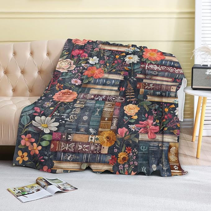Vintage Book Fleece Blanket - 60x80in Colorful Flower Retro Throw Blankets,Soft Cozy Lightweight, Ideal for Living Room Home Rustic Decor and Kids Women Girls Spring Gifts