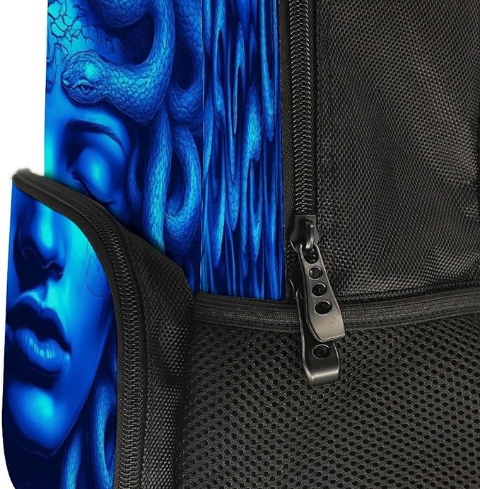 Polyester Daypack Bookbag for Gym Business Bicycle, Large Capacity Multipurpose Anti-Theft Carry On Bag, Greek Goddess Snake Queen Medusa Art Blue Travel Hiking Daypack