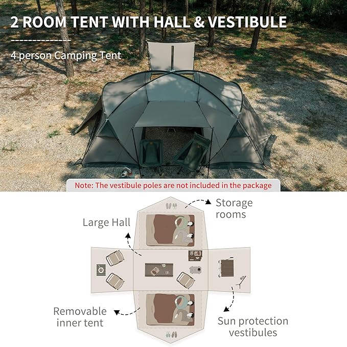 Naturehike Massif Hot Tent with Stove Jack, Waterproof Windproof 4 Season Tent, 2/4 Person Cold Weather Winter Tents for Camping