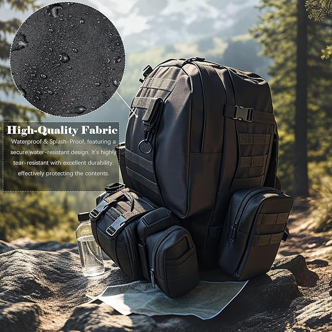 60L Tactical Backpack Military 3-Day Assault Pack, Waterproof Molle System Rucksack with Detachable Bag, Survival Bug Out Backpack for Men & Women(Black)