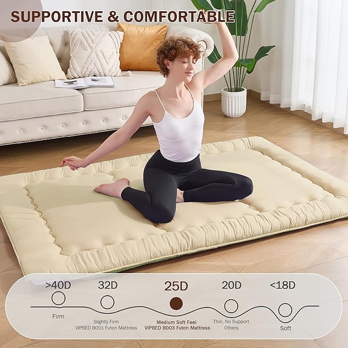 Japanese Floor Futon Mattress Full Size, 4" Thicken Foldable Mattress Tatami Mat Sleeping Pad, 25D Foam Filled Traditional Shiki Futon (shikibuton), Designed in Japan (Beige 54"x 80")