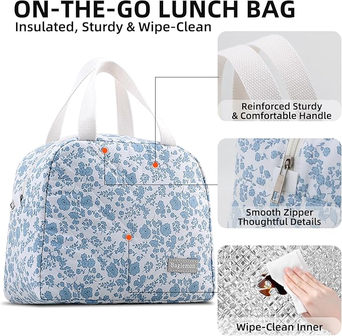 Insulated Lunch Bag for Women – Stylish Reusable Lunch Tote, Cute Thermal Lunch Bags for for Work&Picnic&Travel – Premium Insulated Lunch Bag for Women with Quilted Design (CottonBlueFlower)