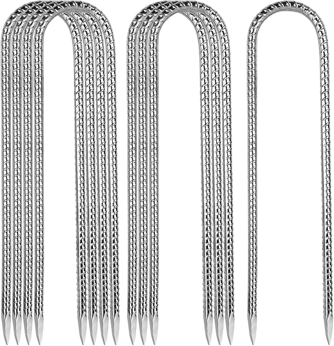 Rebar Stakes, Heavy Duty Metal J Hook Garden Ground Stakes for Camping Tent Canopy (U Shape-Silver, U-12"x0.3"-8pcs)