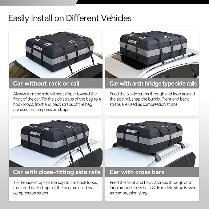 MARCHWAY Waterproof Car Roof Luggage Bag, Weatherproof Soft Shell Rooftop Cargo Carrier Bag for Vehicles with or Without Rack. 6 Door Hooks, Anti Slip Mat, Lock Included (21 Cubic Feet, Black)