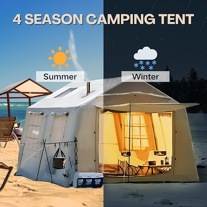 Inflatable Tent, Outdoor Easy Setup Inflatable Tents for Camping, Portable Blow Up Tent with Stove Jack, Cotton Canvas Material for Glamping, for 4 Season, 4/6/8/10 Person Use