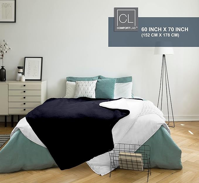 Comfort Lab Reversible Flannel Sherpa Throw Blanket - Elegant Fluffy Throw Blankets for Couch and Home Decor - Anti Pilling Non Shedding Cozy & Warm Fleece Throws - Oversize Throw (60" x 70") - Navy