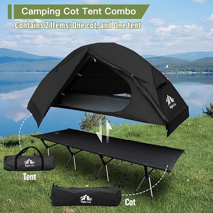 Night Cat Camping Cot Tent - Waterproof 1-Person Off-Ground Combo Cot Bed for Adults Portable Easy Set-up Tent