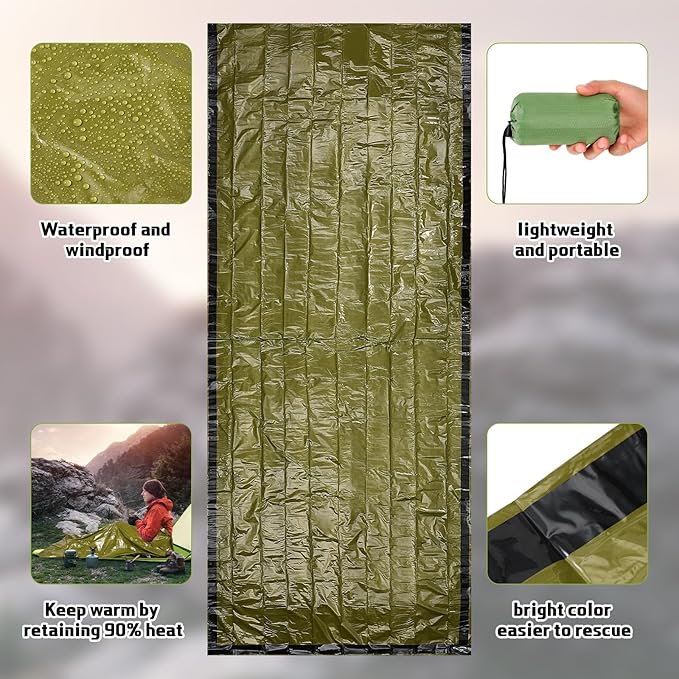 Mixweer 12 Pcs Emergency Sleeping Bag Portable Survival Thermal Bivy Sack Lightweight Emergency Shelter for Homeless People Waterproof Bivy Bag for Camping Hiking Adventure Outdoor, Green
