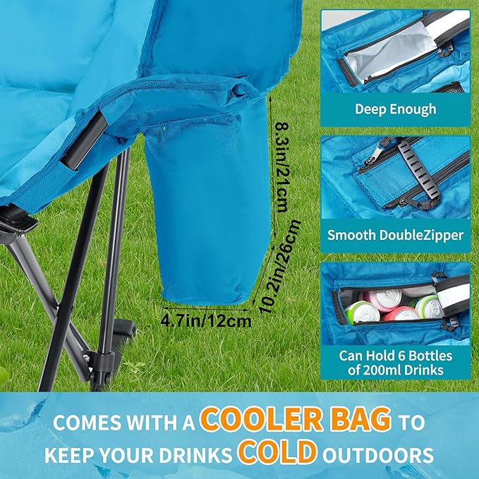 Oversized Rocking Camping Chair for Adults - Padded Recliner Rocker - Folding Lawn Chair with Cooler Bag and Pockets - Portable Rocker Chair Outdoor for Camp Patio Backyard