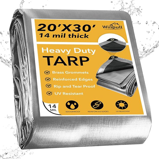 Tarp 20x30 Feet 14 Mil Heavy Duty Waterproof Tarp, Large Multipurpose Cover with Brass Grommets and Reinforced Edges, UV Resistant Thick Poly Tarps for Outdoor Camping Tent Pool Car