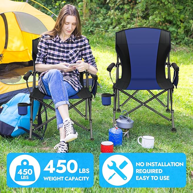 Oversized Folding Camping Chair for Adults, Supports 450 LBS Camping Chairs, Heavy Duty Camping Chair with Side Pockets, Foldable Outdoor Chair for Camping, Beach, Fishing, Hiking, Blue-Black