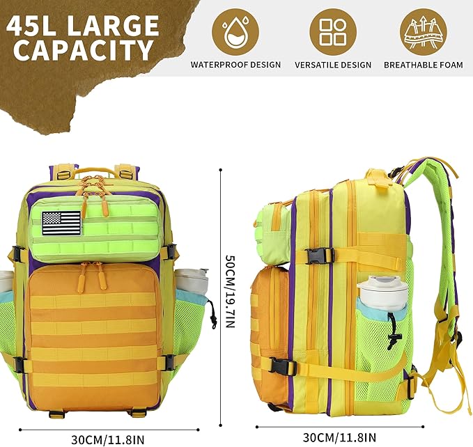 45L Tactical Military Backpack Assault Pack Dopamine Colorblock Molle 3-day Army Rucksack Men Women for Hiking Camping Climbing
