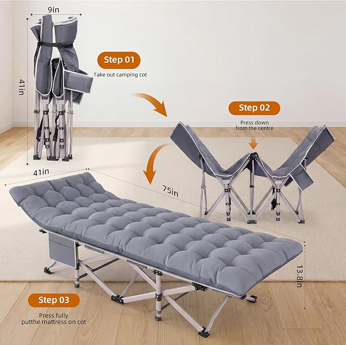 Folding Camping Cot for Adults with Removable Padded Cushion, Portable Heavy Duty Sleeping Cot with Head Tilt Design, Foldable Camp Bed with Carry Bag for Camping Travel Office Nap Guest Bed