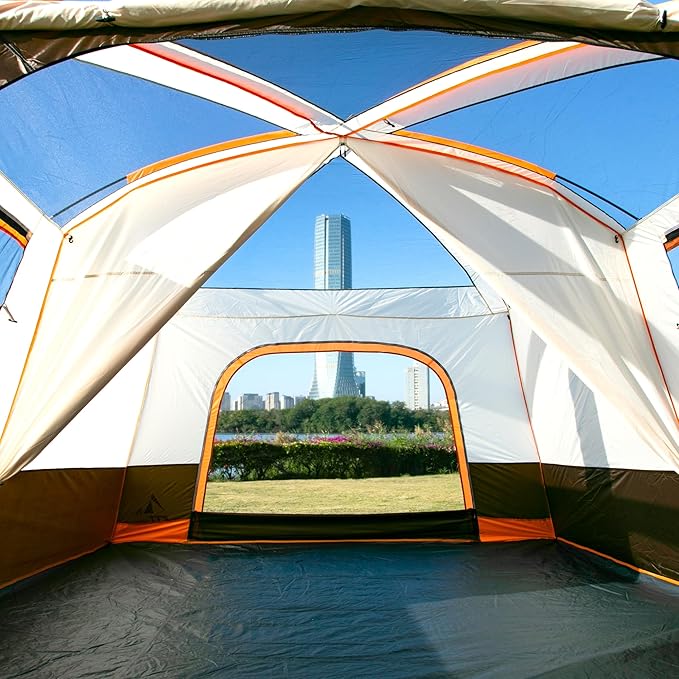 KTT Extra Large Tent 6-10-12-14 Person(B),Family Cabin Tents,2 Rooms,3 Doors and 3 Windows with Mesh,Straight Wall,Waterproof,Double Layer,Big Tent for Outdoor,Picnic,Camping,Family Gathering