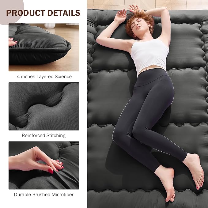 Japanese Floor Futon Mattress 25D Full Size 54"x 80", 4" Thicken Foldable Mattress Tatami, Breathable & Supportive Tatami Mat for Guest Room, Kids Space & Dorm, Solid Black