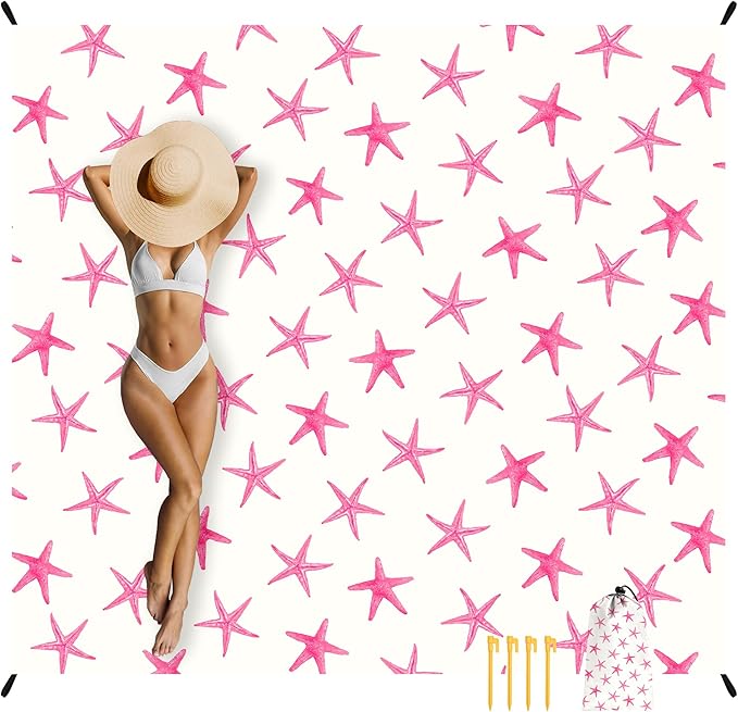 Beach Blanket, Waterproof Sandproof Beach Mat with 4 Stakes & 4 Pockets, 78''×86'' Large Compact Lightweight Sand Free Outdoor Essentials for Beach, Picnic, Travel, Camping