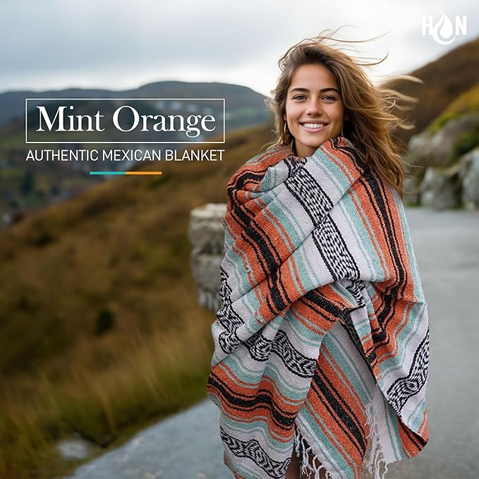 Hydration Nation Authentic Extra Large Mexican Blanket (70"x50") - Handwoven Yoga, Serape- Artisanal Falsa, Beach, Camping, Picnic, Outdoor (Mint-Orange)