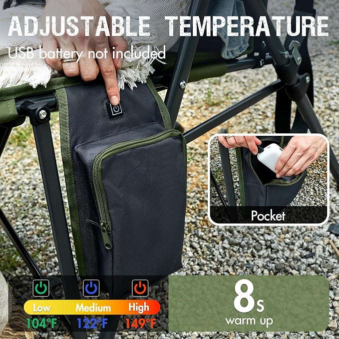 Portal Heated Camping Chairs for Adults Outdoor Sports Oversized Folding Lawn Chair with High Back, Heavy Duty 400 Lbs, Battery Not Included, Green