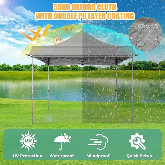 COBIZI 10x10 Pop Up Canopy Tent with Awning,Heavy Duty Canopy UPF 50+ All Season Wind Waterproof Commercial Outdoor Street Vendors Party Tents for Parties Canopy with Carry Bag(10 x 10 ft Gray)