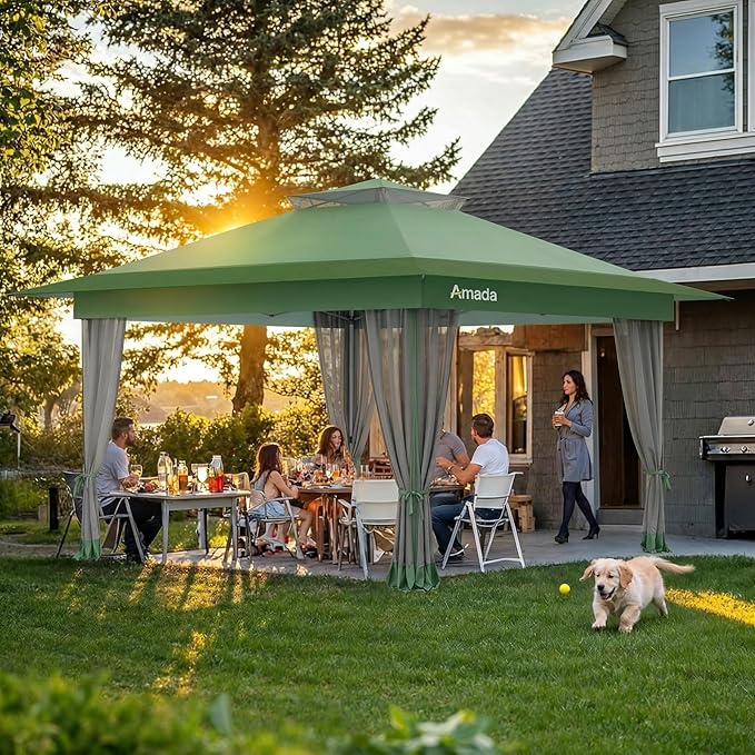 Amada 13x13 Pop Up Gazebo for Backyard & Patio Furniture,Gazebos on Clearance with Wheeled STO-N-Go Cover Bag,Carpa Pop Up Tent Party Tent and Shelter with Mosquito Netting for Lawn,Garden,Deck,Green